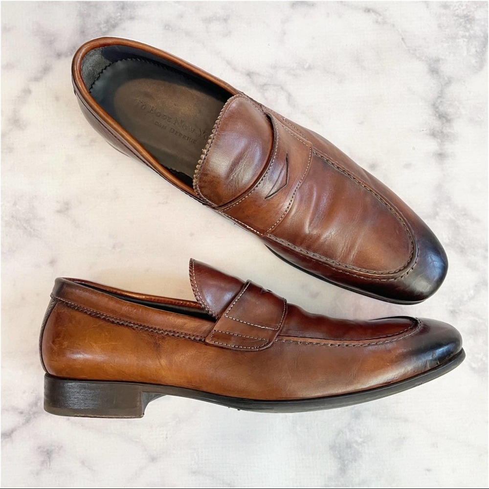 To Boot New York Cognac Burnished Rubbed Leather Penny Loafers